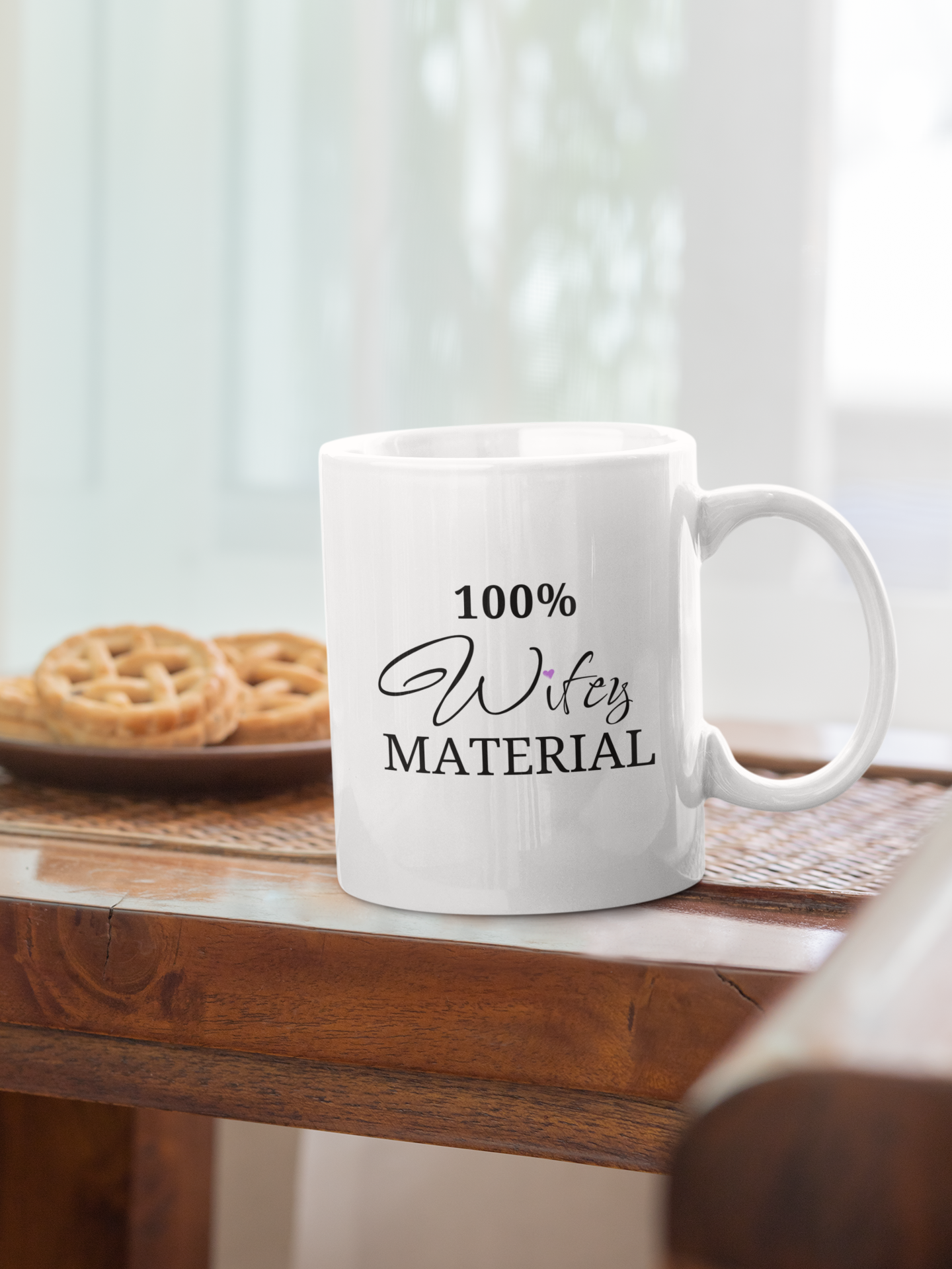 100% Wifey Material!: Trendy 15oz Ceramic Coffee Mug for Blissful Mornings