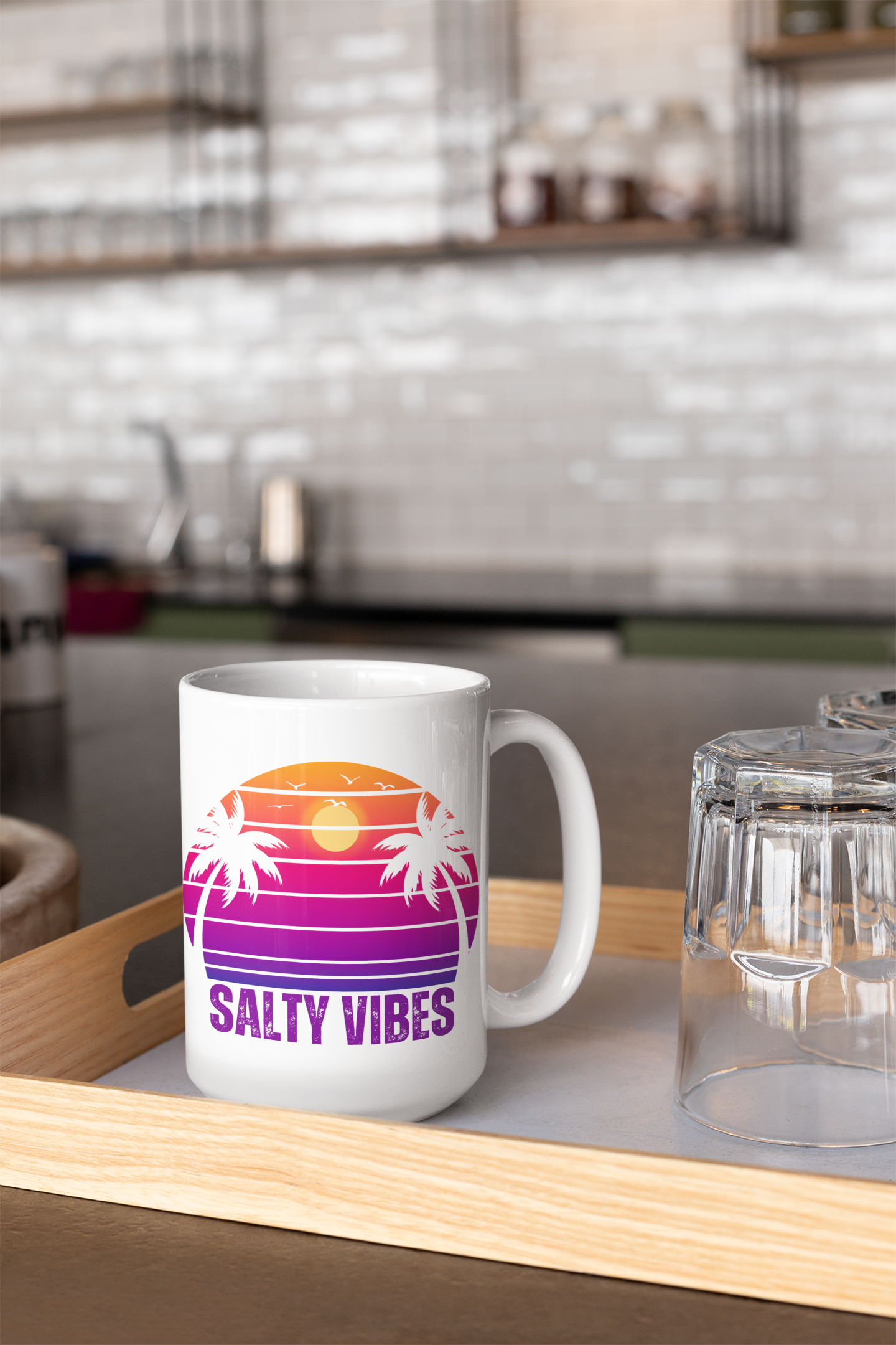 15oz 'SALTY VIBES' Mug | Beach-Themed Drinkware with Retro Sunset Design