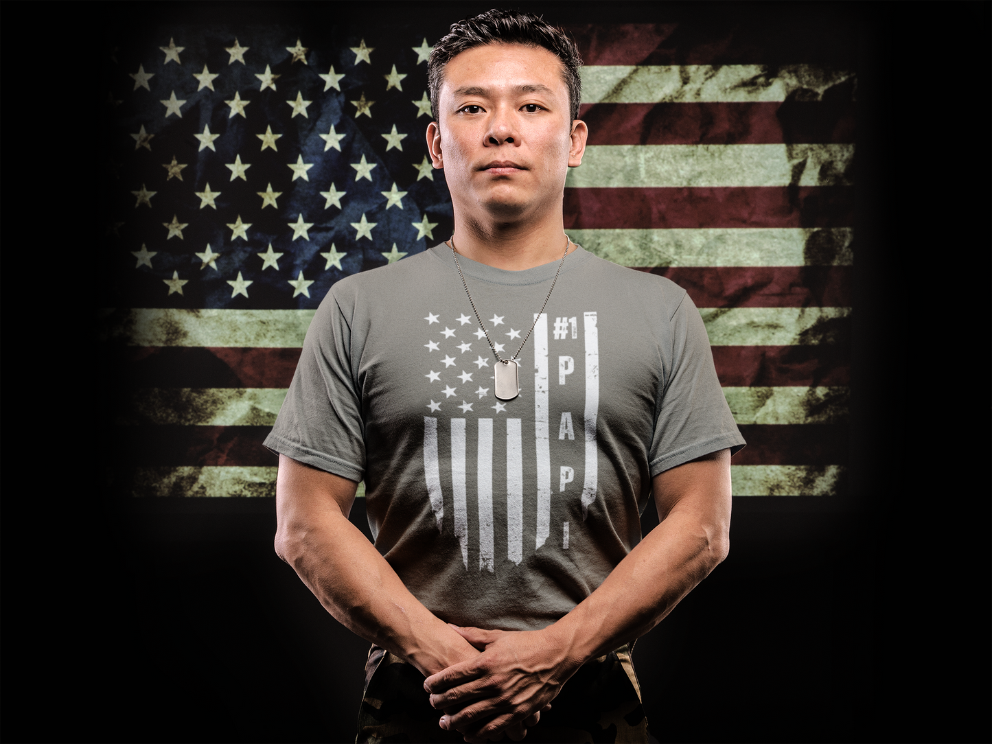 Men's #1 Papi Designer Tee | Faded American Flag Background | Patriotic Father's Day Gift