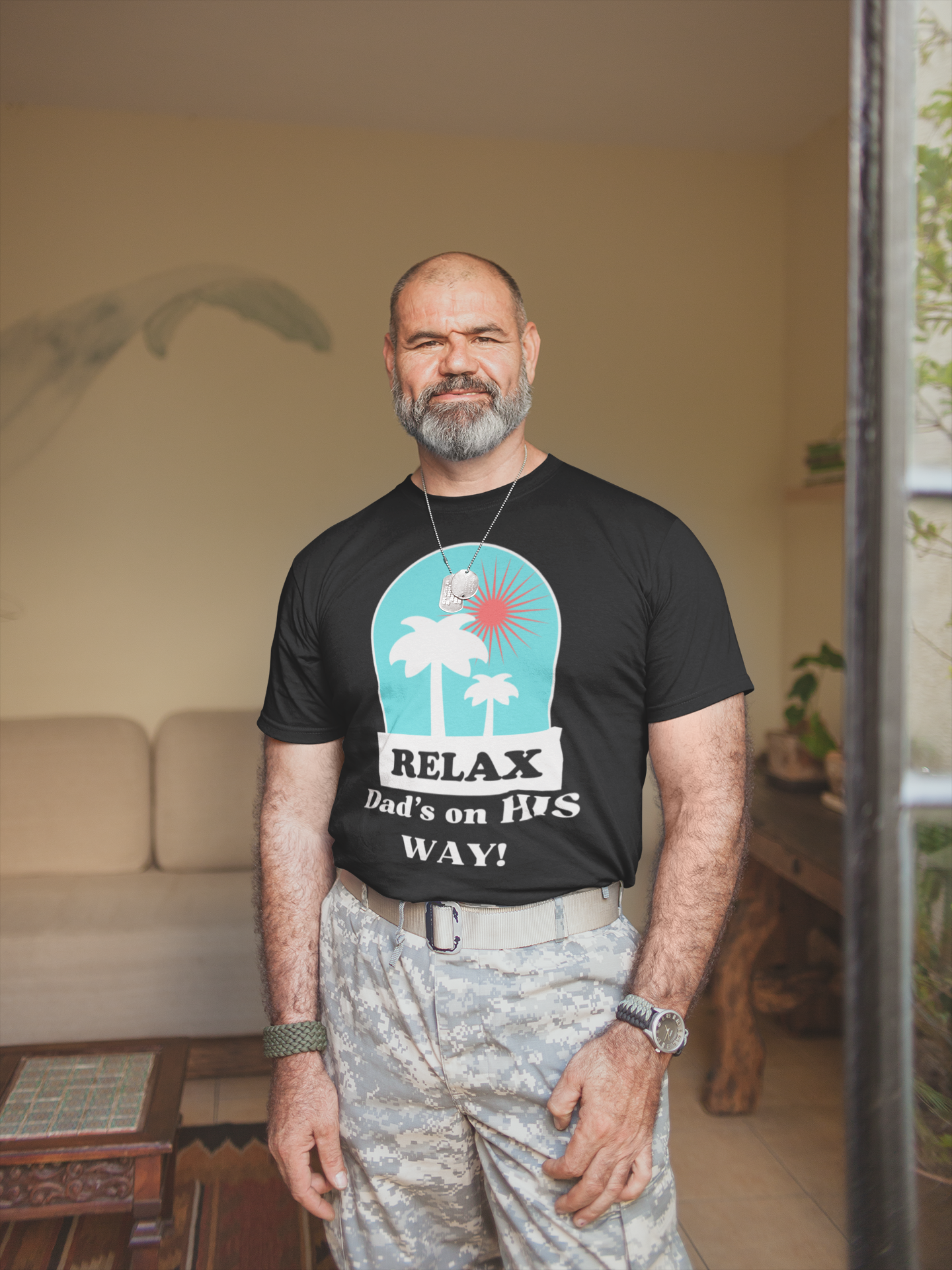 Men's 'RELAX Dad's on his WAY!' T-Shirt | Comforting Retro Sunset Palms