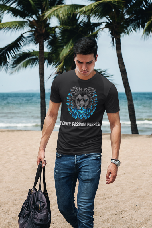 Roar with Purpose - Men's Designer Tee Shirt: Power Passion Purpose with Majestic Lion Design