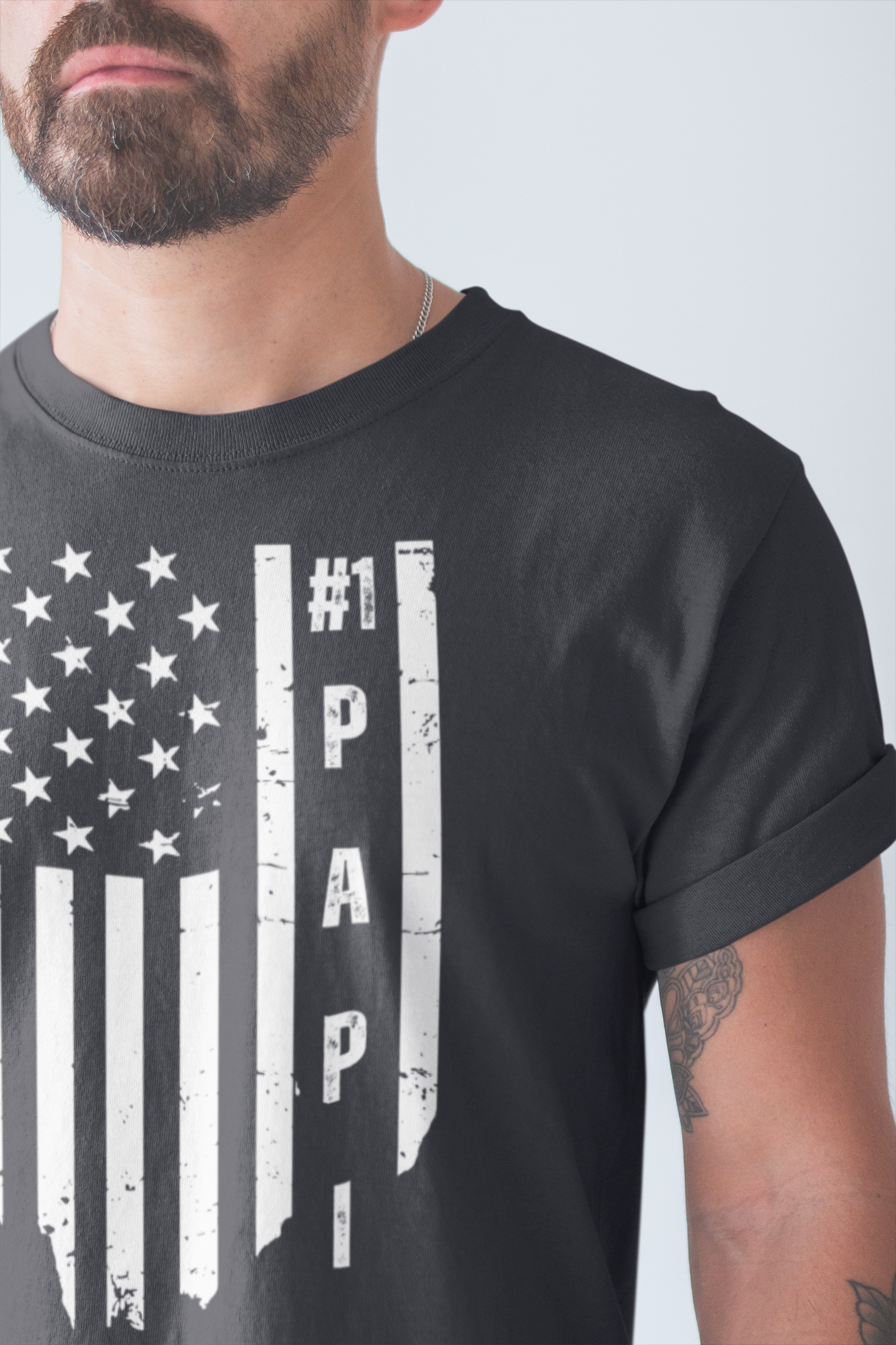 Men's #1 Papi Designer Tee | Faded American Flag Background | Patriotic Father's Day Gift