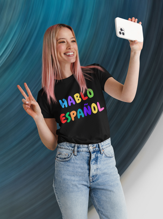 Women's 'HABLO ESPAÑOL' Designer Tee - Colorful Balloon Font | Professional Language Educator Shirt