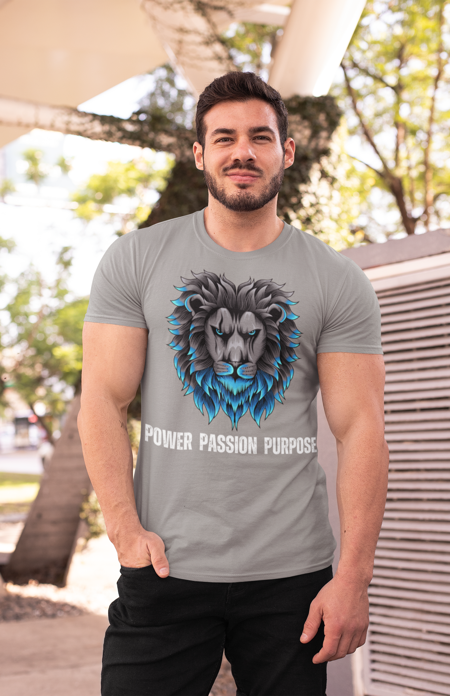Roar with Purpose - Men's Designer Tee Shirt: Power Passion Purpose with Majestic Lion Design