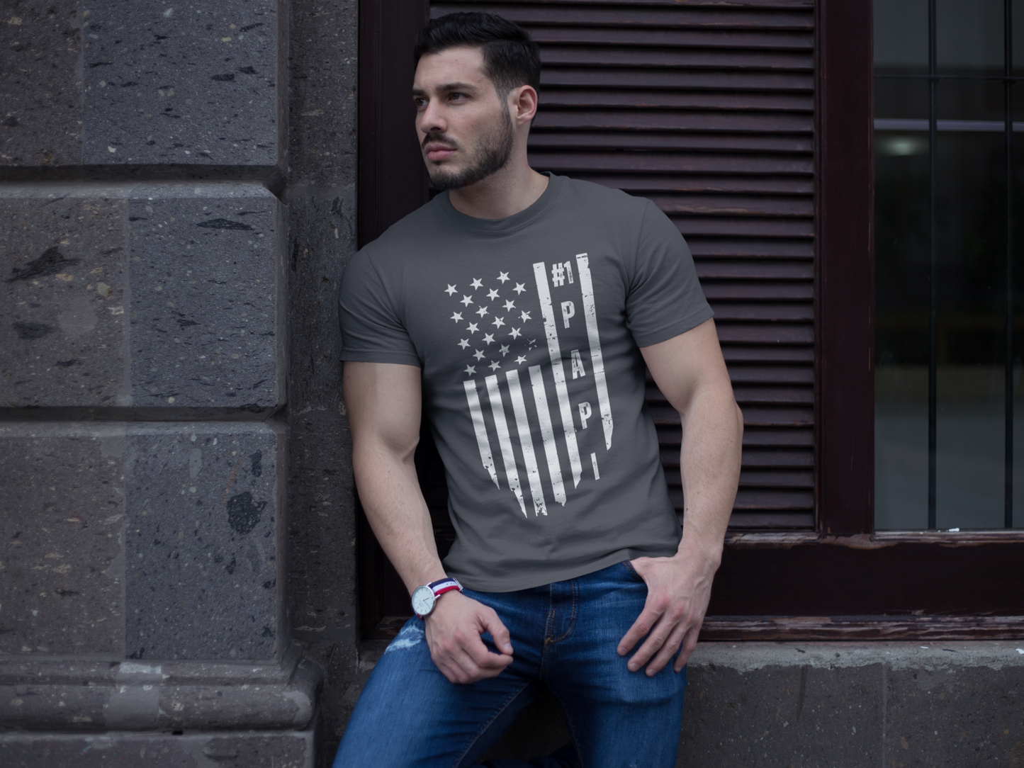 Men's #1 Papi Designer Tee | Faded American Flag Background | Patriotic Father's Day Gift