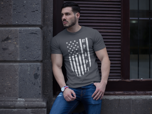 Men's #1 Papi Designer Tee | Faded American Flag Background | Patriotic Father's Day Gift
