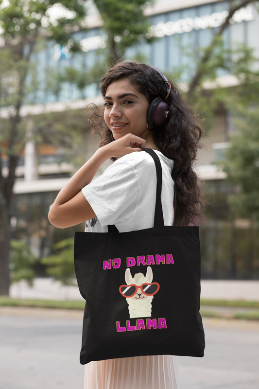 Chic 'No Drama Llama' Black Cotton Tote with Sunglass-Wearing Llama Design