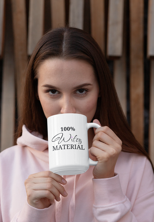 100% Wifey Material!: Trendy 15oz Ceramic Coffee Mug for Blissful Mornings