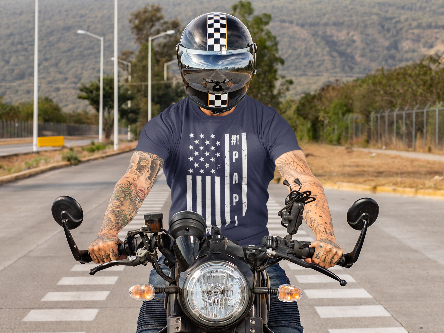 Men's #1 Papi Designer Tee | Faded American Flag Background | Patriotic Father's Day Gift