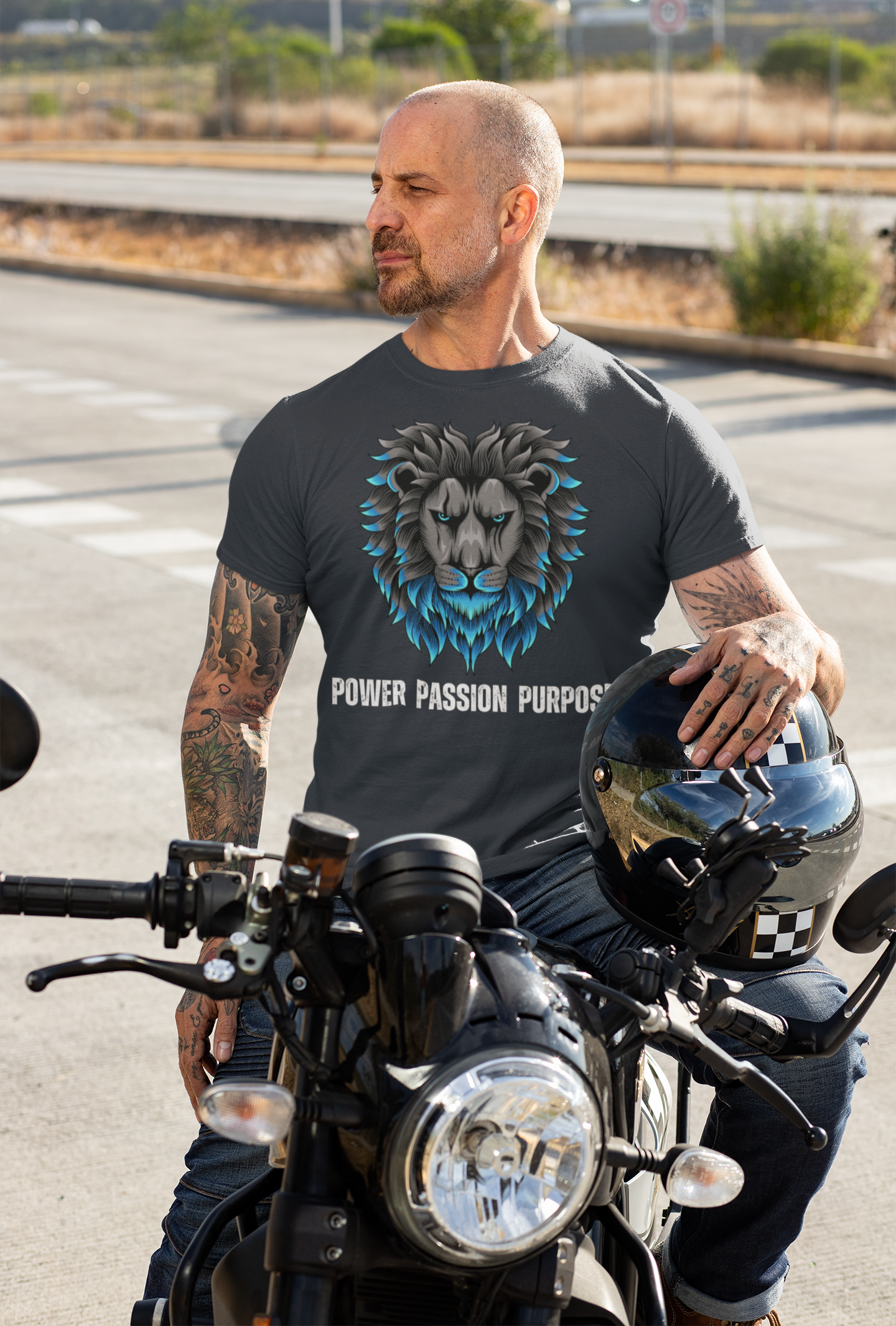 Roar with Purpose - Men's Designer Tee Shirt: Power Passion Purpose with Majestic Lion Design