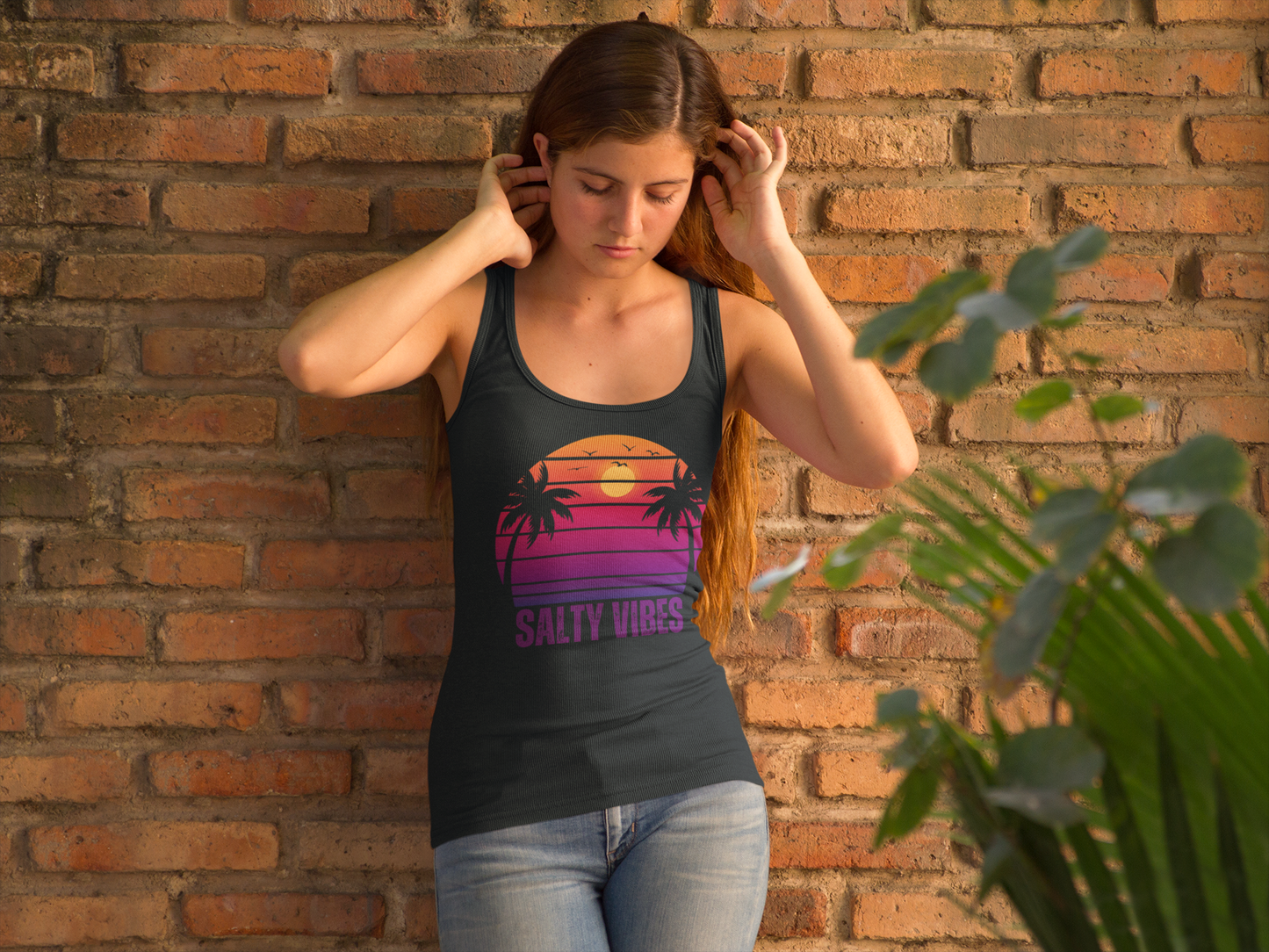 Women's 'SALTY VIBES' Racerback Tank - Elegant Beachwear with a Sunset Palm Design
