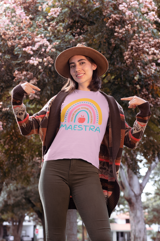 Women's 'Maestra' T-Shirt | Colorful Classroom Rainbow & Apple Print | Teacher's Gift