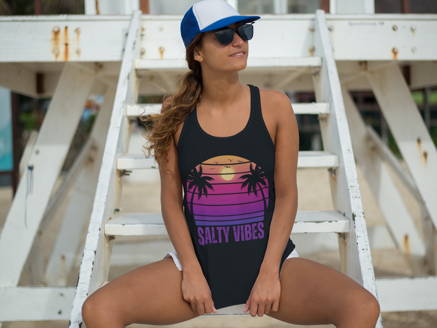 Women's 'SALTY VIBES' Racerback Tank - Elegant Beachwear with a Sunset Palm Design