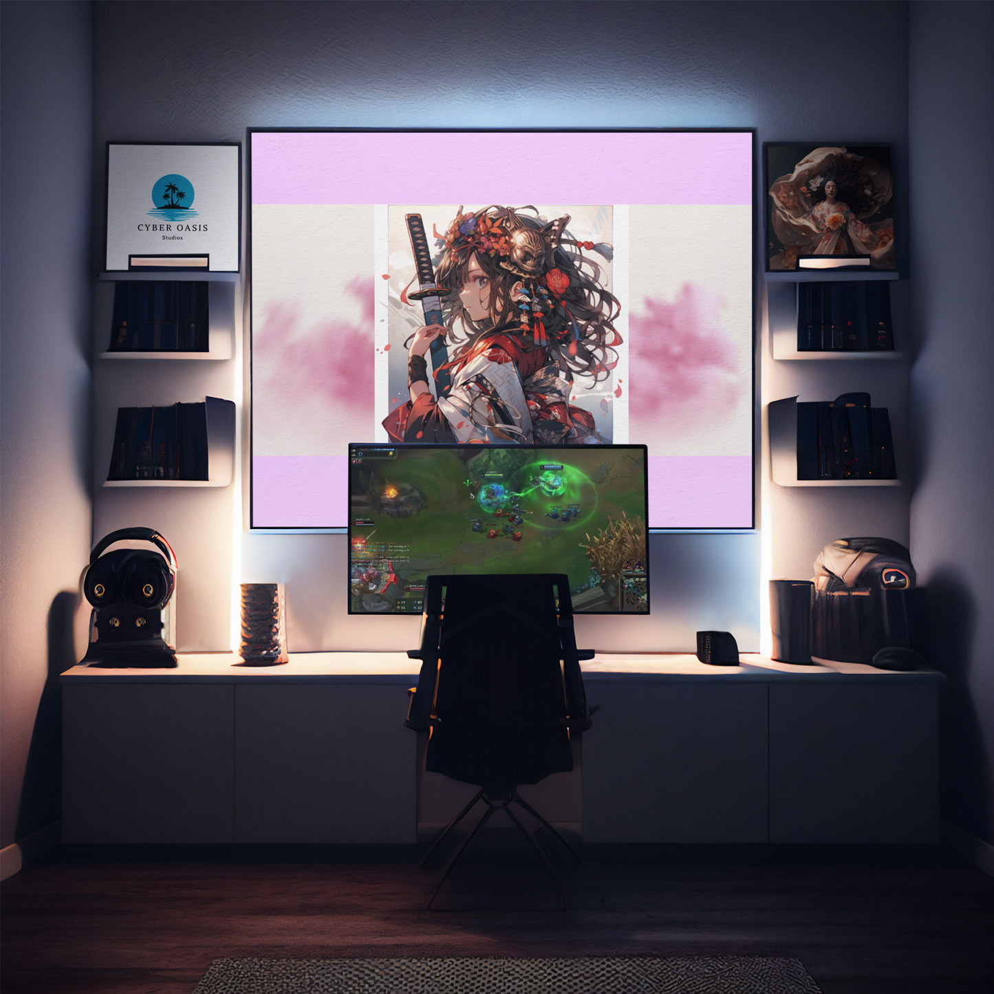 Extended Gaming Mouse Pad: 38"x18" - Anime Art of Geisha Holding Sword - Precision Surface for Gamers