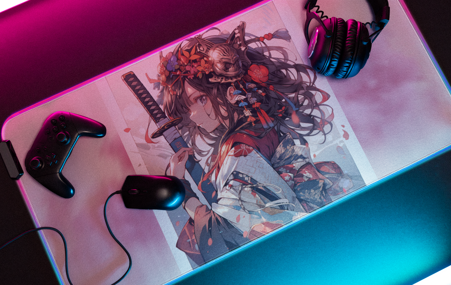 Extended Gaming Mouse Pad: 38"x18" - Anime Art of Geisha Holding Sword - Precision Surface for Gamers