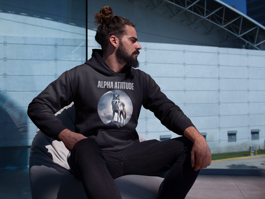 Men's 'ALPHA ATTITUDE' Premium Hoodie | Leader's Wolf Emblem | Mountainous Moon Landscape