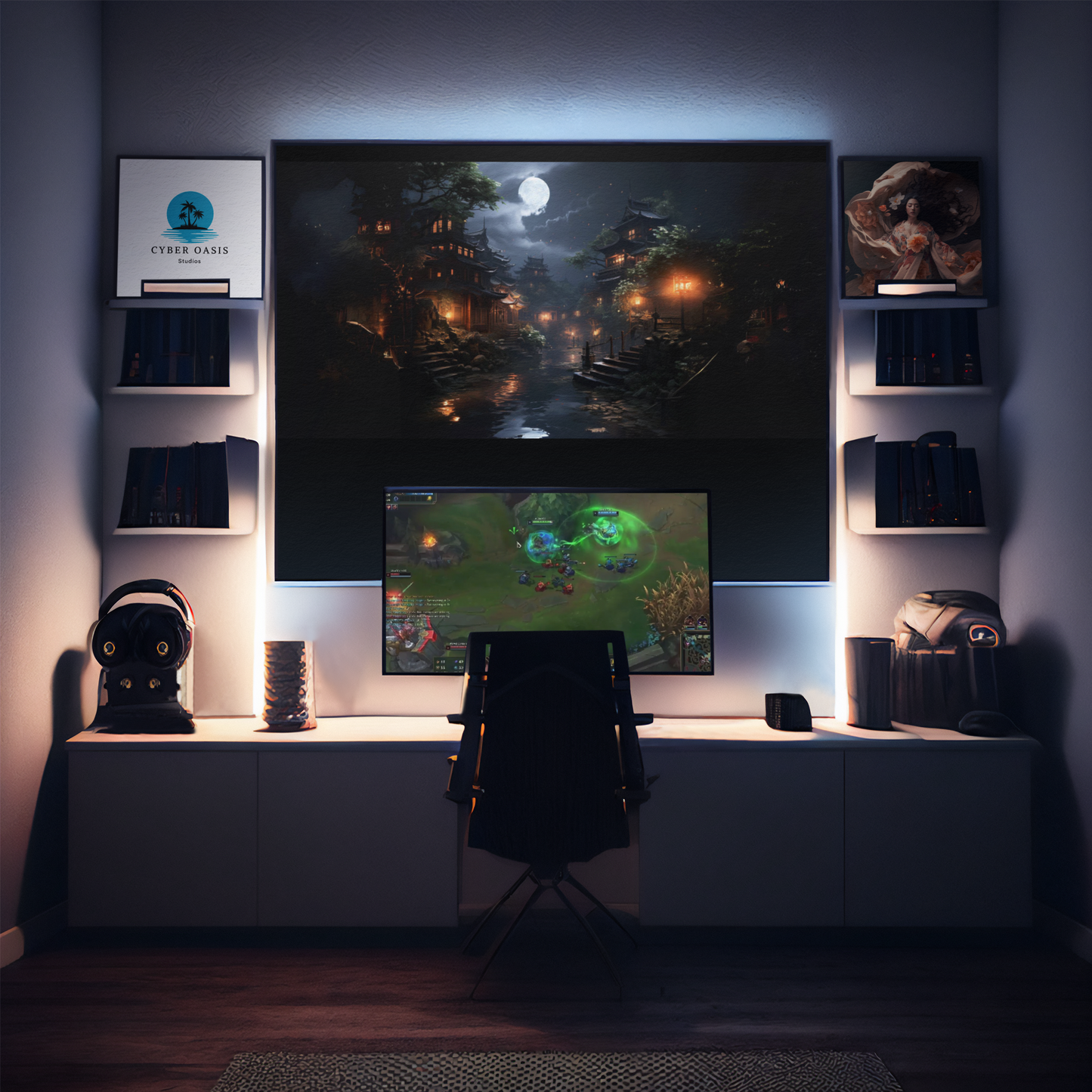 Midnight in Kyoto 36x18  Gaming Mouse Pad - Traditional Japanese Anime Art