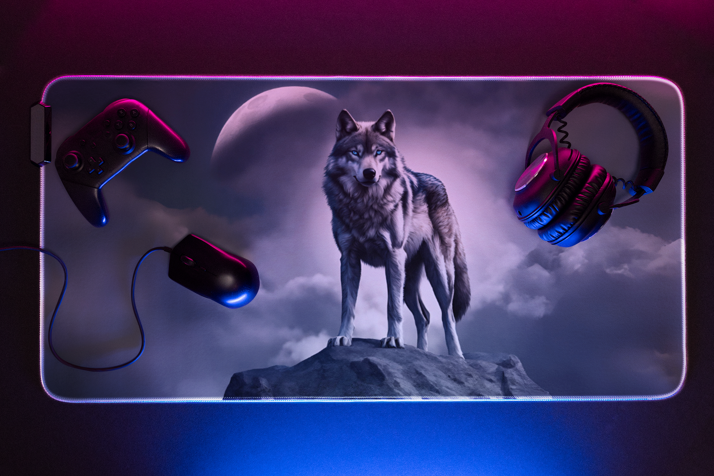 Blue-Eyed Wolf 36x18 Gaming Mouse Pad - Alpha Gamer Mat