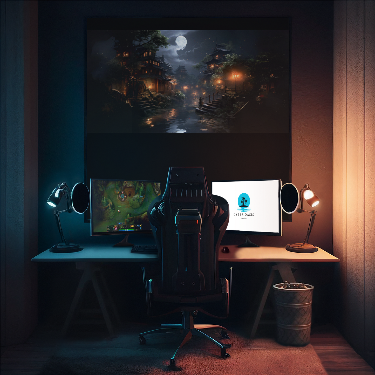 Midnight in Kyoto 36x18  Gaming Mouse Pad - Traditional Japanese Anime Art