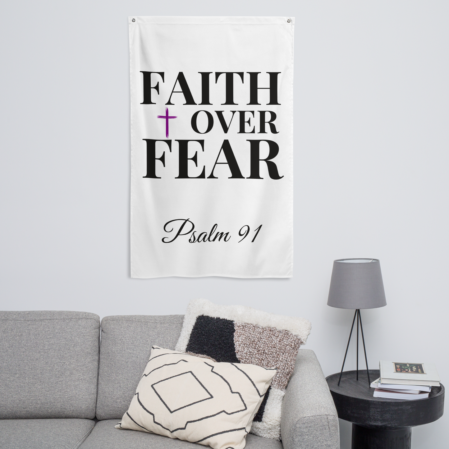 Christian 'FAITH over FEAR' Wall Flag with Psalm 91 | Spiritual Home Decoration | Religious Art