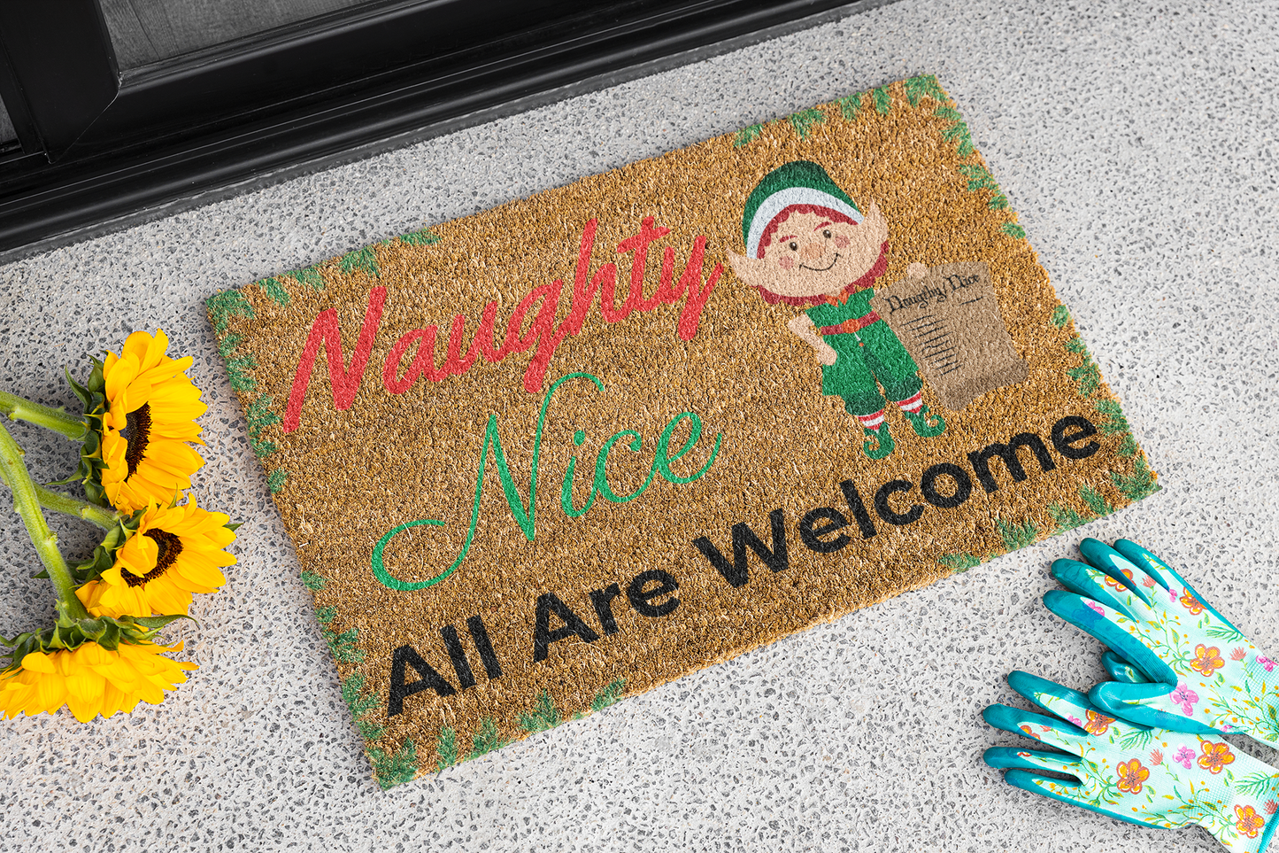 Naughty or Nice - All Are Welcome' Christmas Door Mat - Festive Entryway Decor