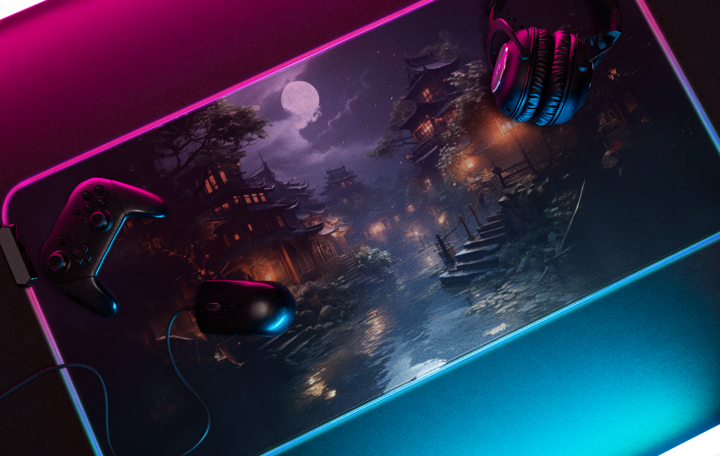 Midnight in Kyoto 36x18  Gaming Mouse Pad - Traditional Japanese Anime Art