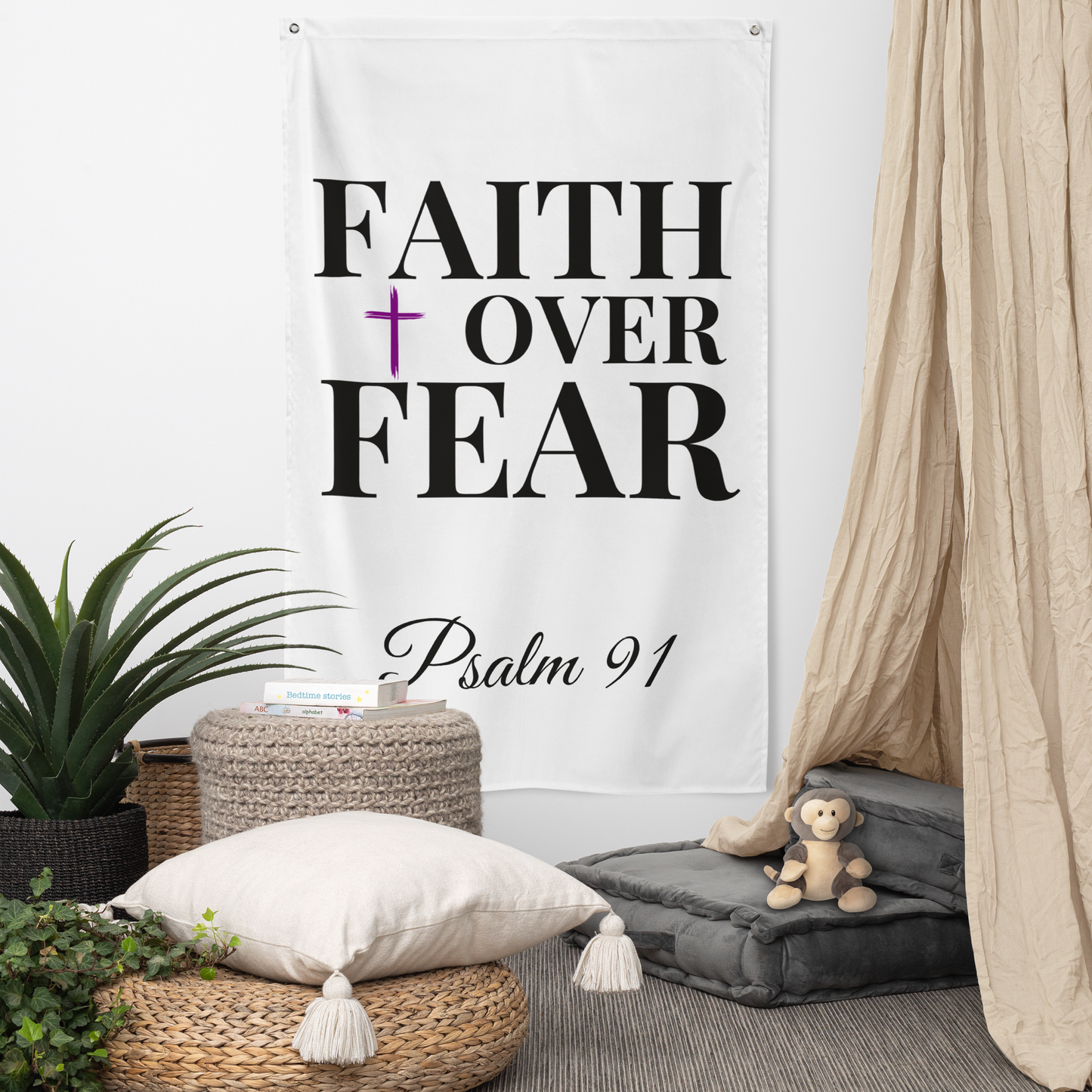 Christian 'FAITH over FEAR' Wall Flag with Psalm 91 | Spiritual Home Decoration | Religious Art