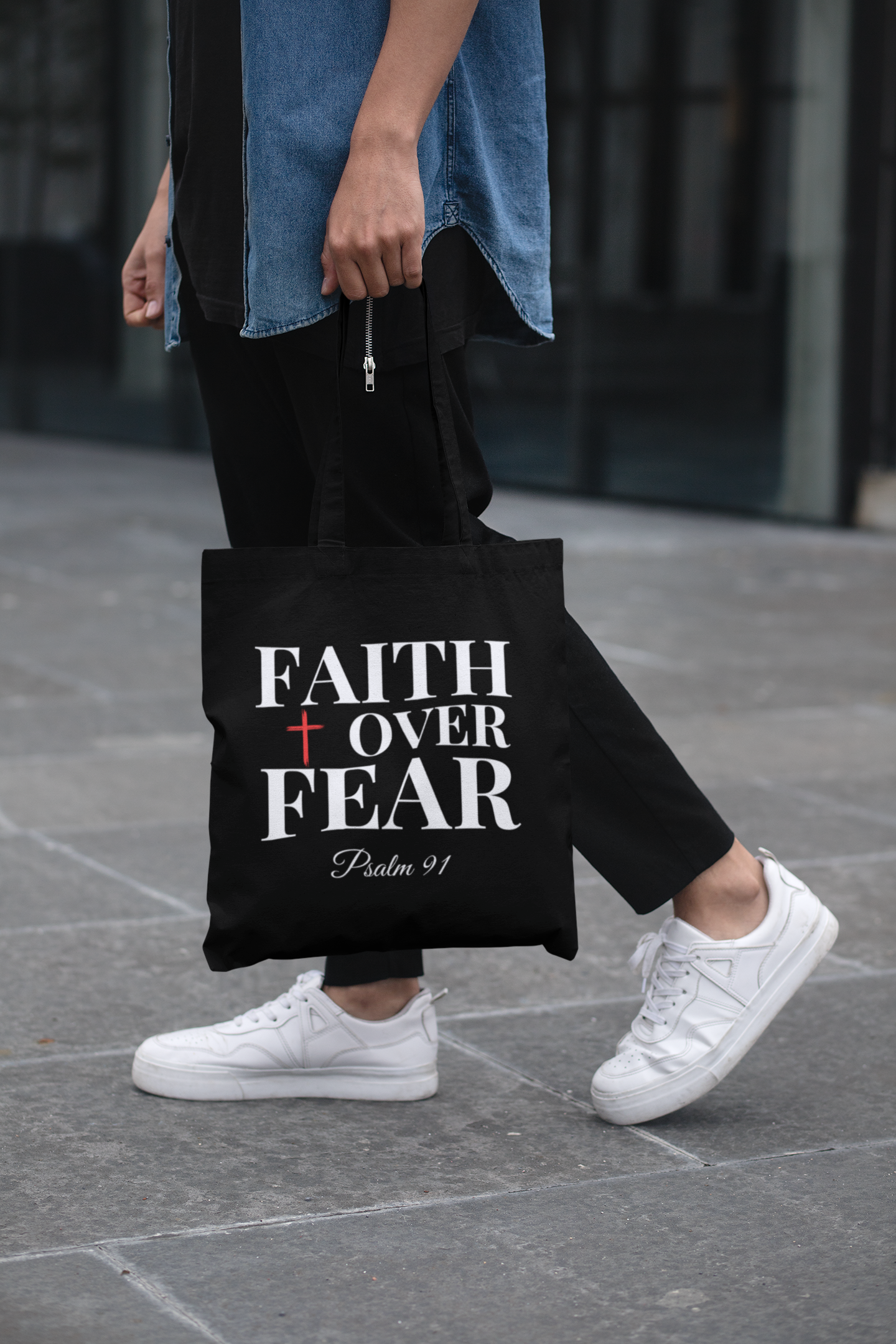 Organic 'FAITH over FEAR' Cotton Tote | Psalm 91 Design | Inspirational Christian Women's Bag