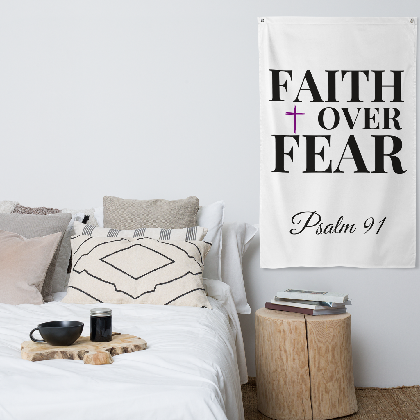 Christian 'FAITH over FEAR' Wall Flag with Psalm 91 | Spiritual Home Decoration | Religious Art