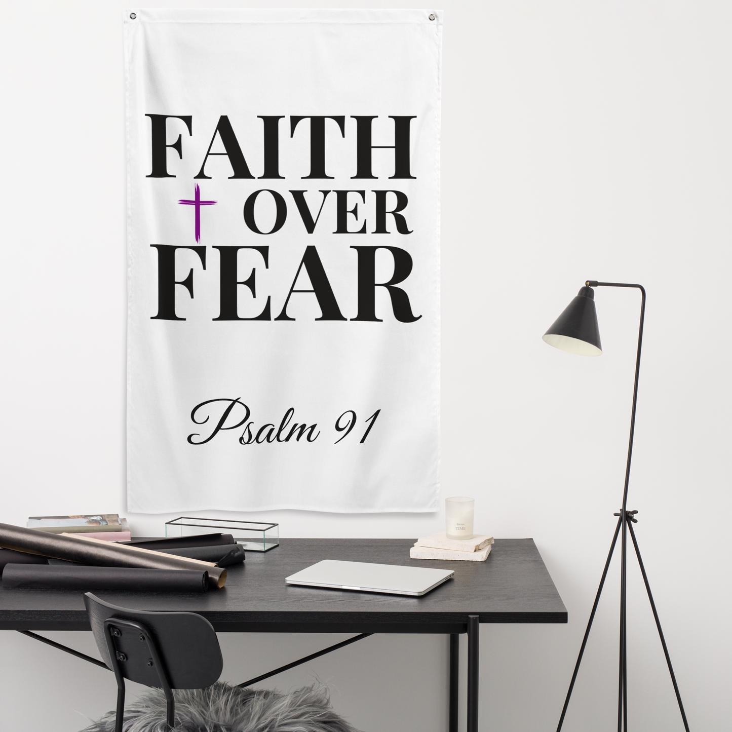 Christian 'FAITH over FEAR' Wall Flag with Psalm 91 | Spiritual Home Decoration | Religious Art