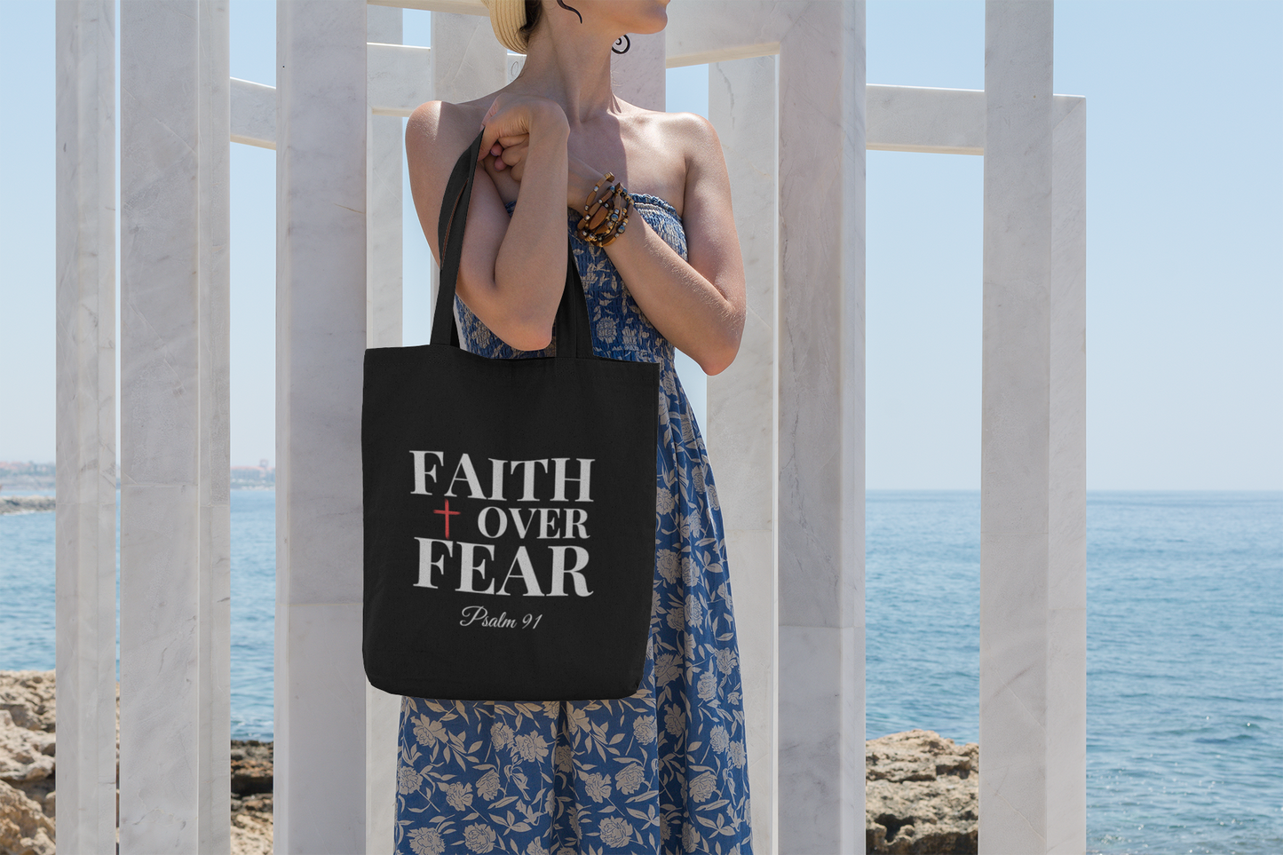 Organic 'FAITH over FEAR' Cotton Tote | Psalm 91 Design | Inspirational Christian Women's Bag
