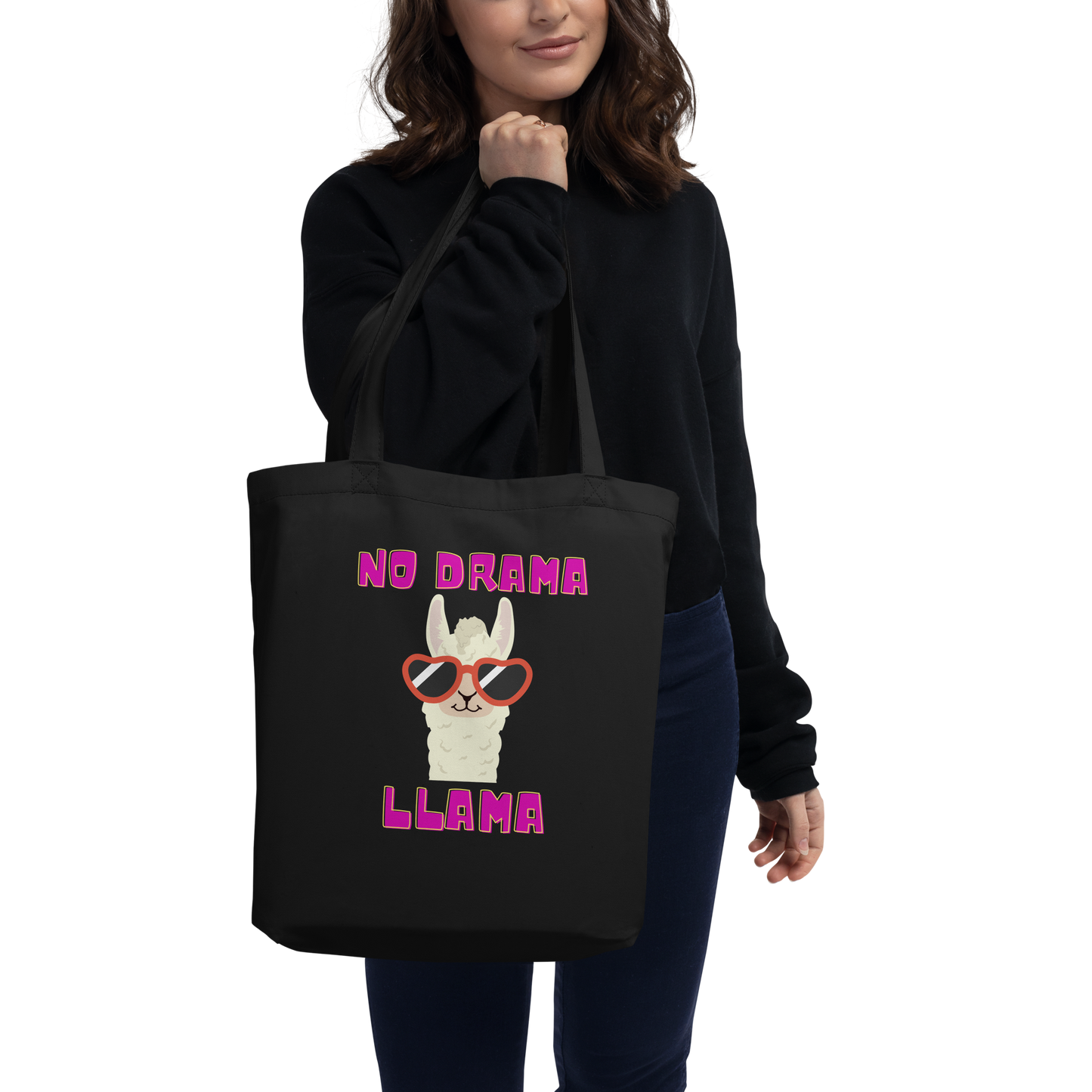 Chic 'No Drama Llama' Black Cotton Tote with Sunglass-Wearing Llama Design