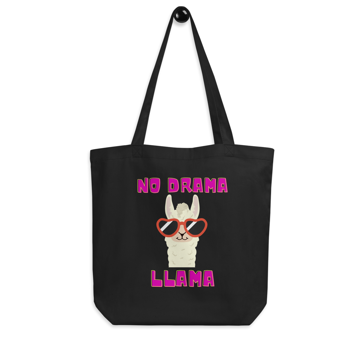 Chic 'No Drama Llama' Black Cotton Tote with Sunglass-Wearing Llama Design