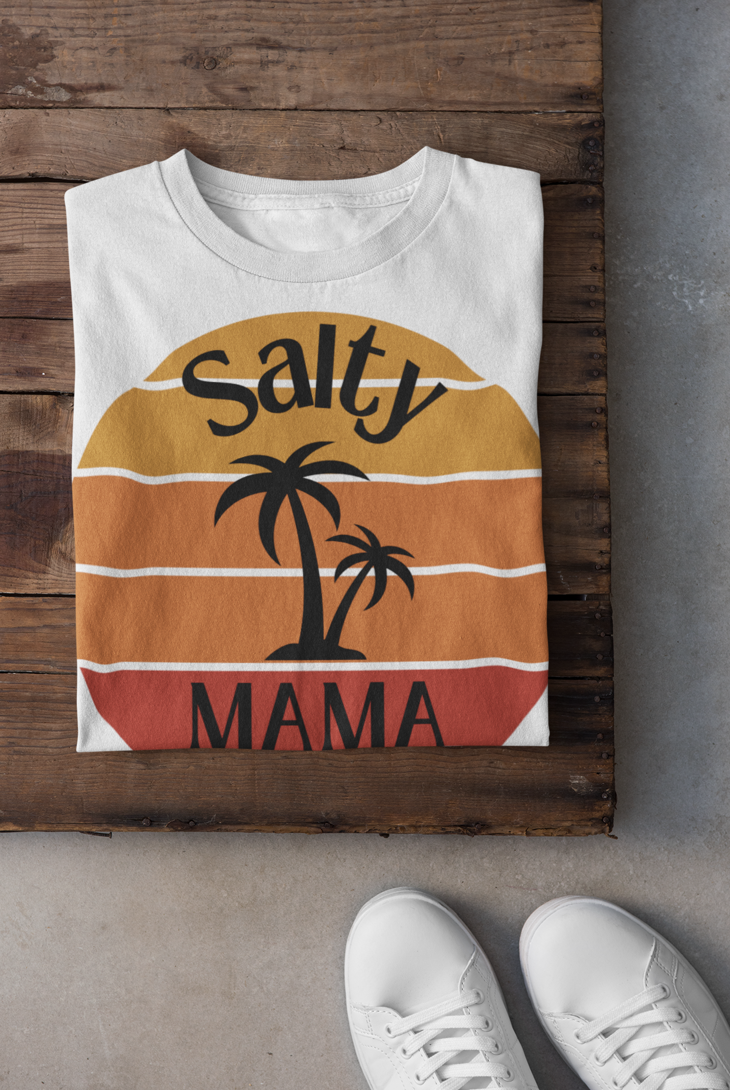 Women's 'Salty Mama' Designer Tee | Retro Beach Sunset & Palm | Stylish Summer Top