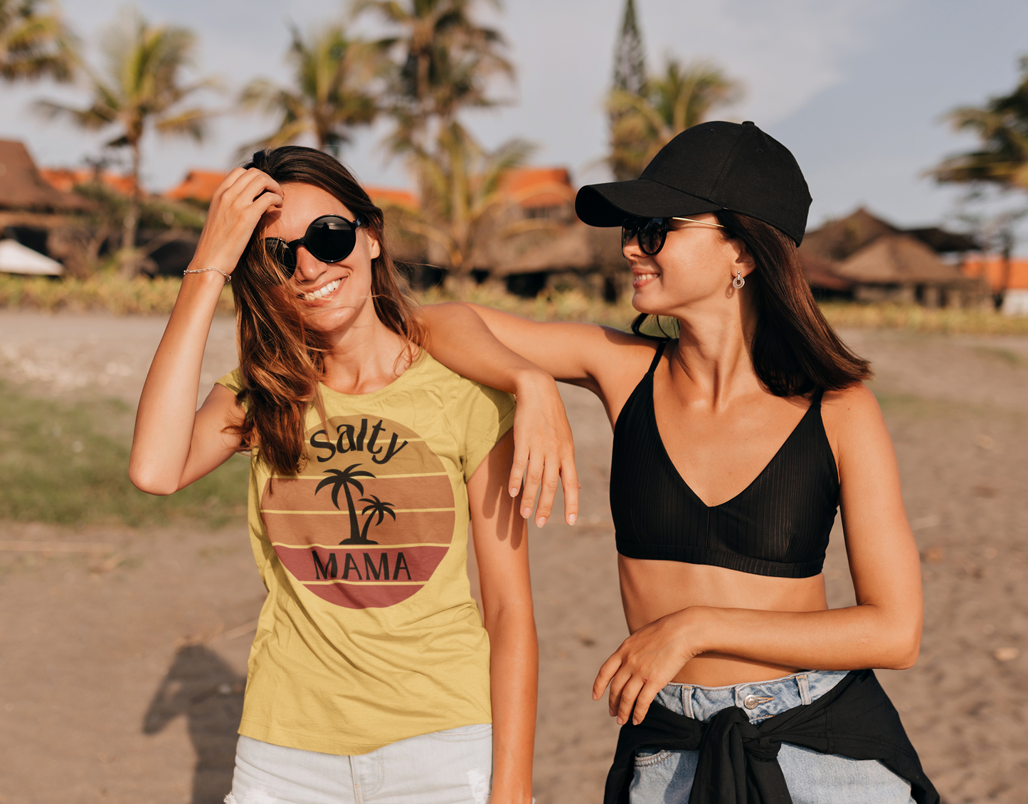 Women's 'Salty Mama' Designer Tee | Retro Beach Sunset & Palm | Stylish Summer Top
