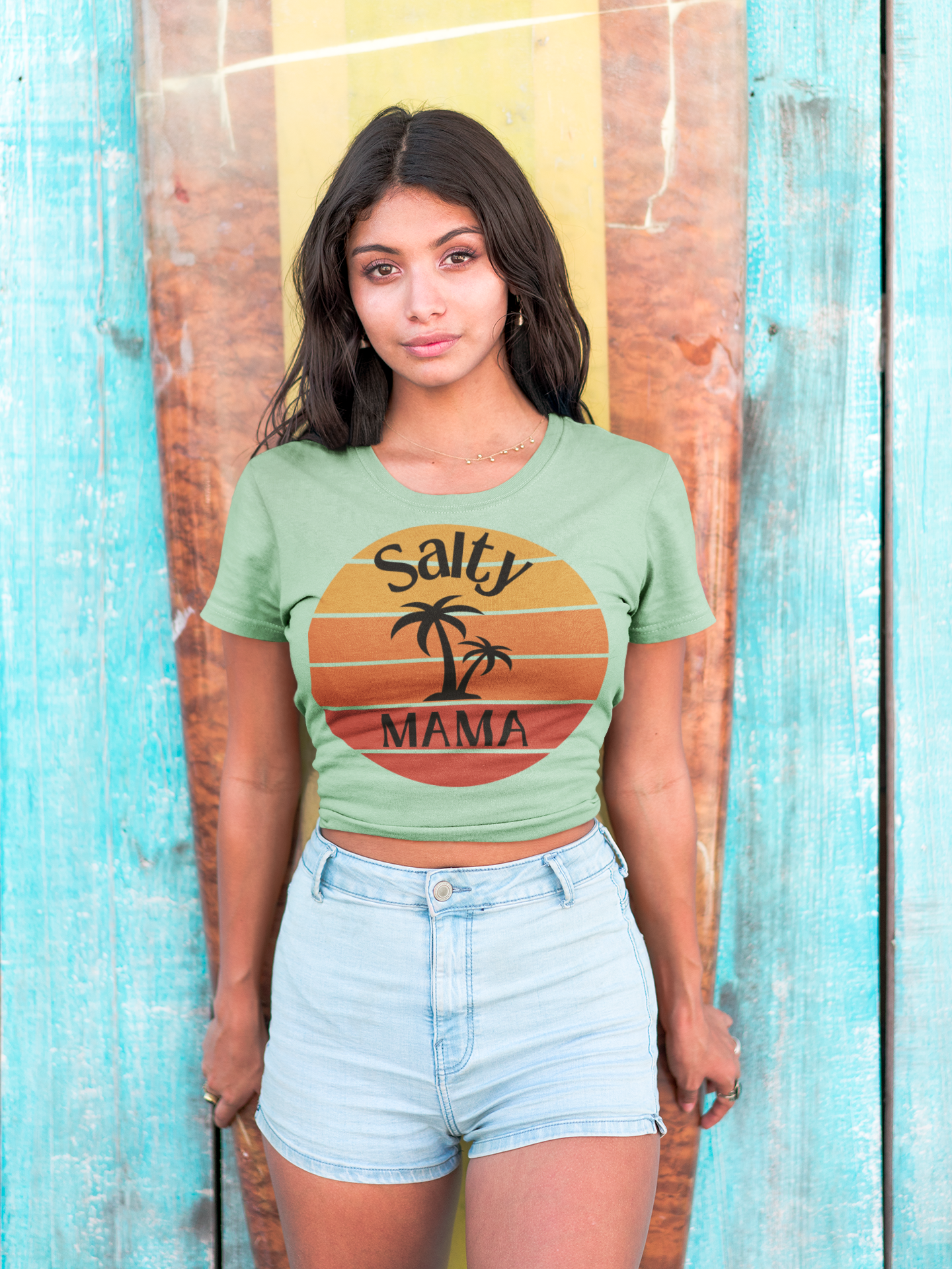 Women's 'Salty Mama' Designer Tee | Retro Beach Sunset & Palm | Stylish Summer Top