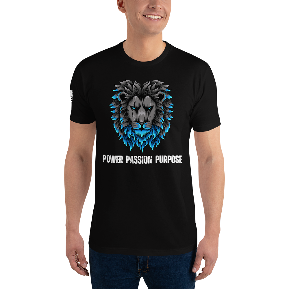 Roar with Purpose - Men's Designer Tee Shirt: Power Passion Purpose with Majestic Lion Design