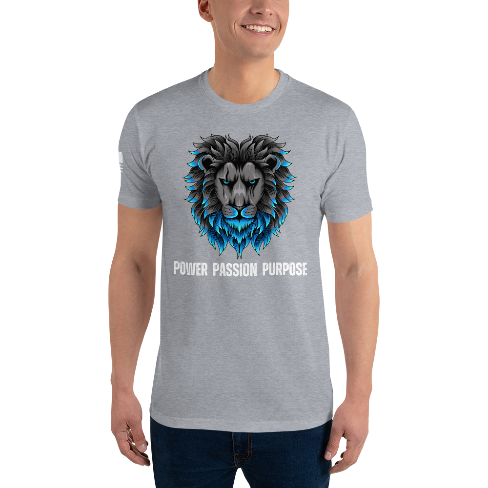 Roar with Purpose - Men's Designer Tee Shirt: Power Passion Purpose with Majestic Lion Design