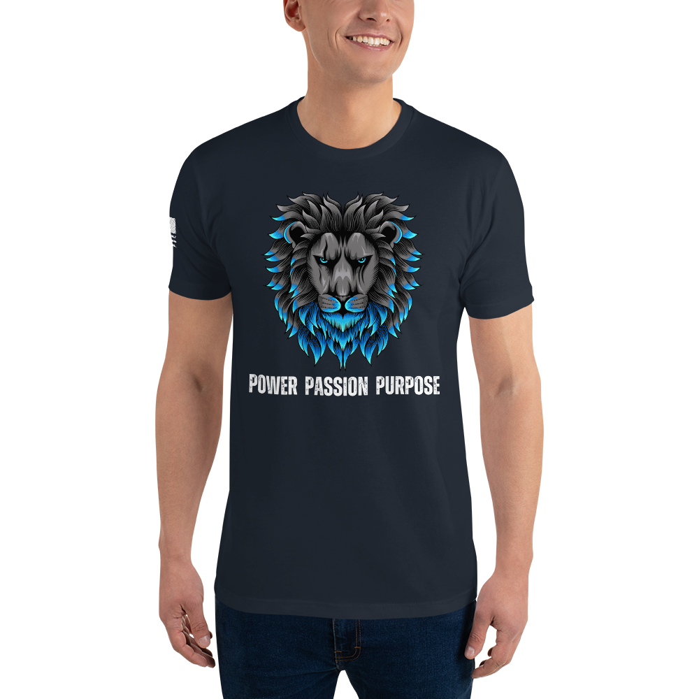Roar with Purpose - Men's Designer Tee Shirt: Power Passion Purpose with Majestic Lion Design