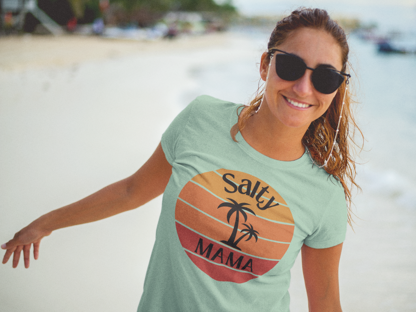 Women's 'Salty Mama' Designer Tee | Retro Beach Sunset & Palm | Stylish Summer Top
