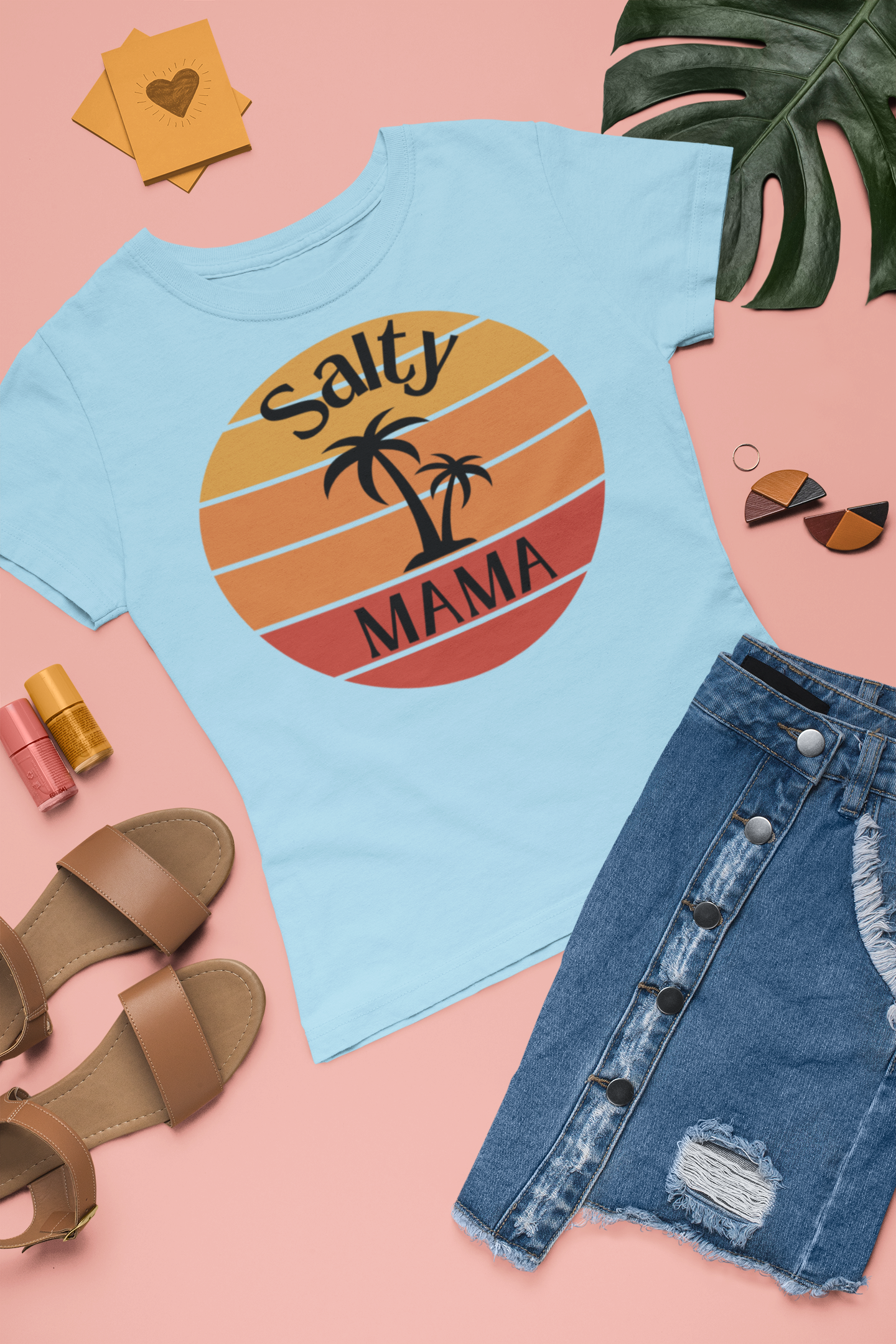 Women's 'Salty Mama' Designer Tee | Retro Beach Sunset & Palm | Stylish Summer Top