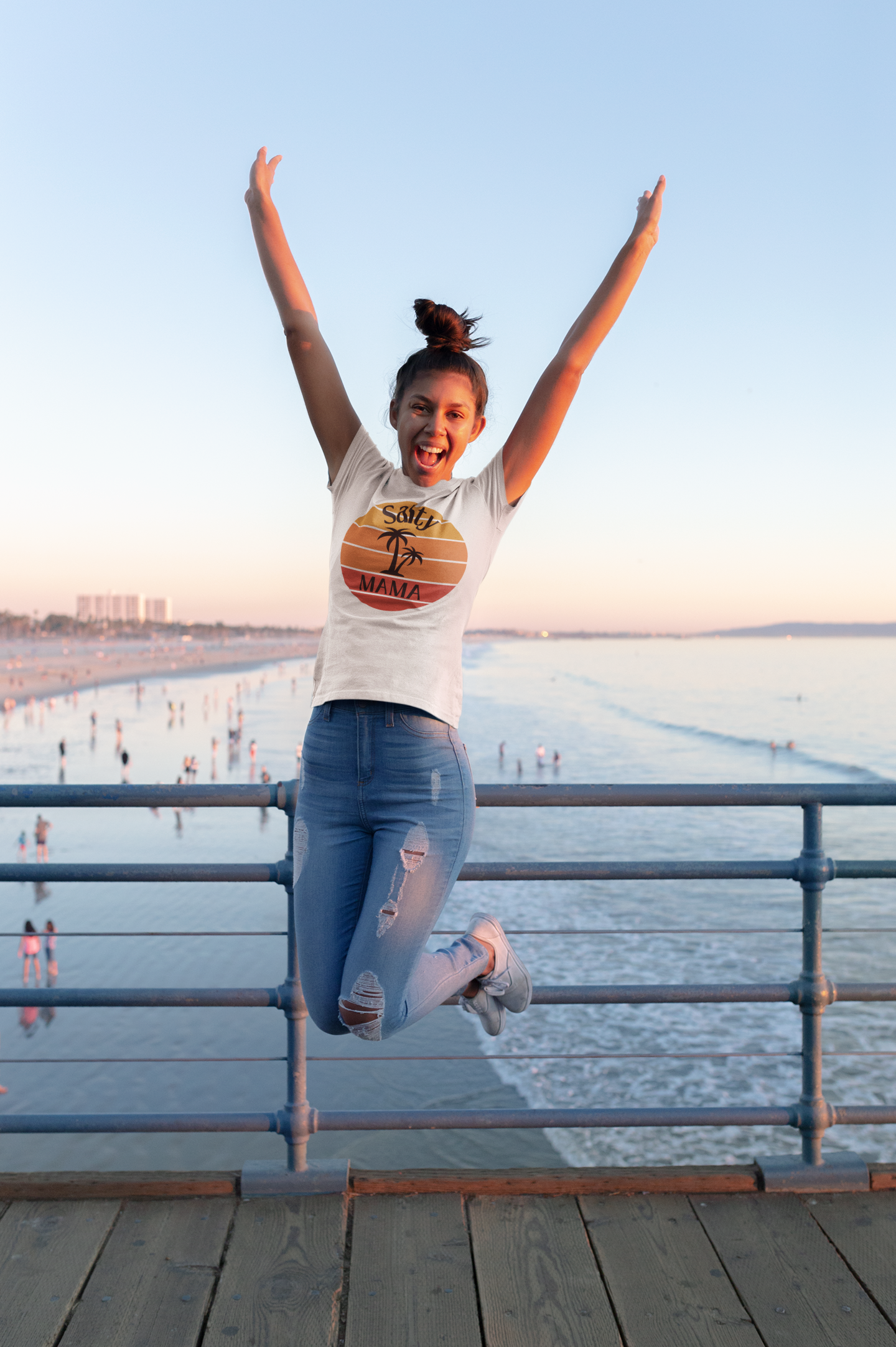 Women's 'Salty Mama' Designer Tee | Retro Beach Sunset & Palm | Stylish Summer Top