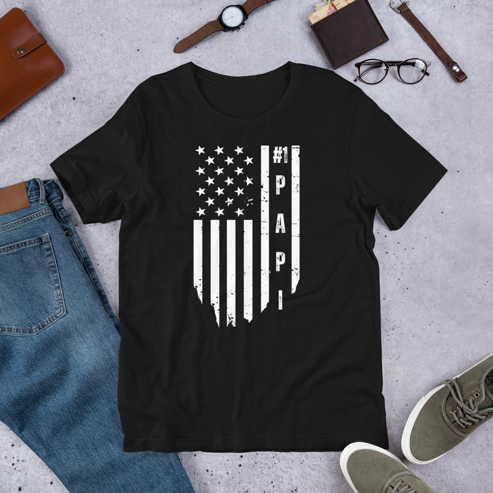 Men's #1 Papi Designer Tee | Faded American Flag Background | Patriotic Father's Day Gift
