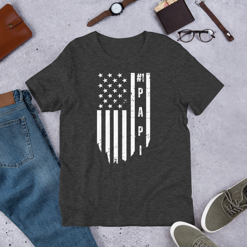 Men's #1 Papi Designer Tee | Faded American Flag Background | Patriotic Father's Day Gift