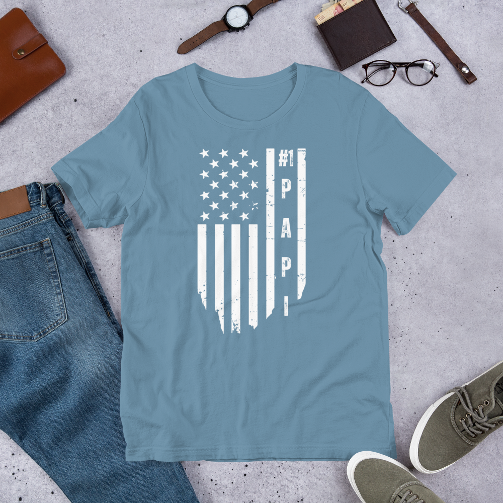 Men's #1 Papi Designer Tee | Faded American Flag Background | Patriotic Father's Day Gift