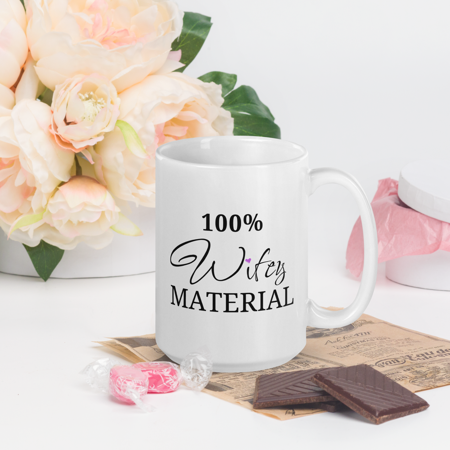 100% Wifey Material!: Trendy 15oz Ceramic Coffee Mug for Blissful Mornings