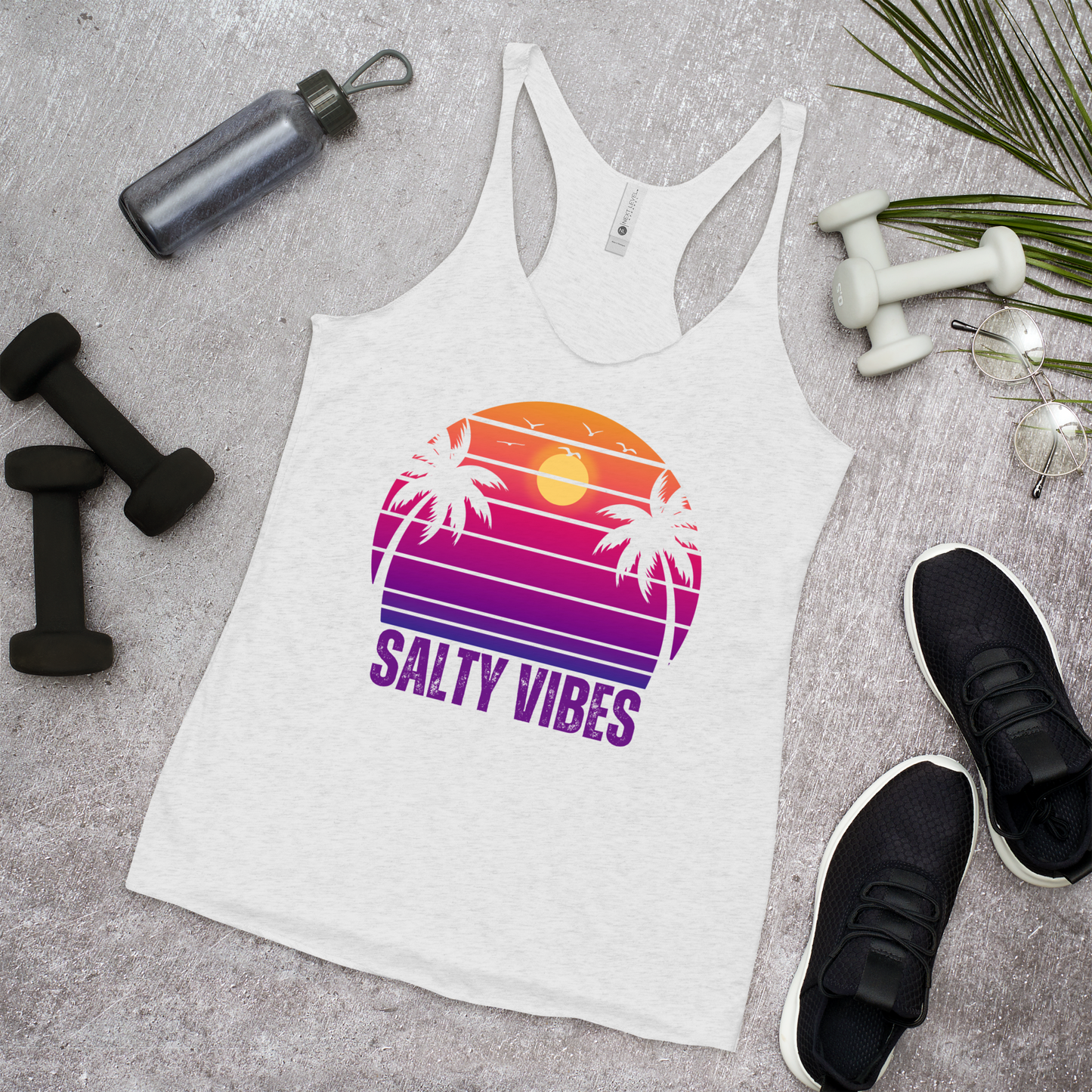 Women's 'SALTY VIBES' Racerback Tank - Elegant Beachwear with a Sunset Palm Design