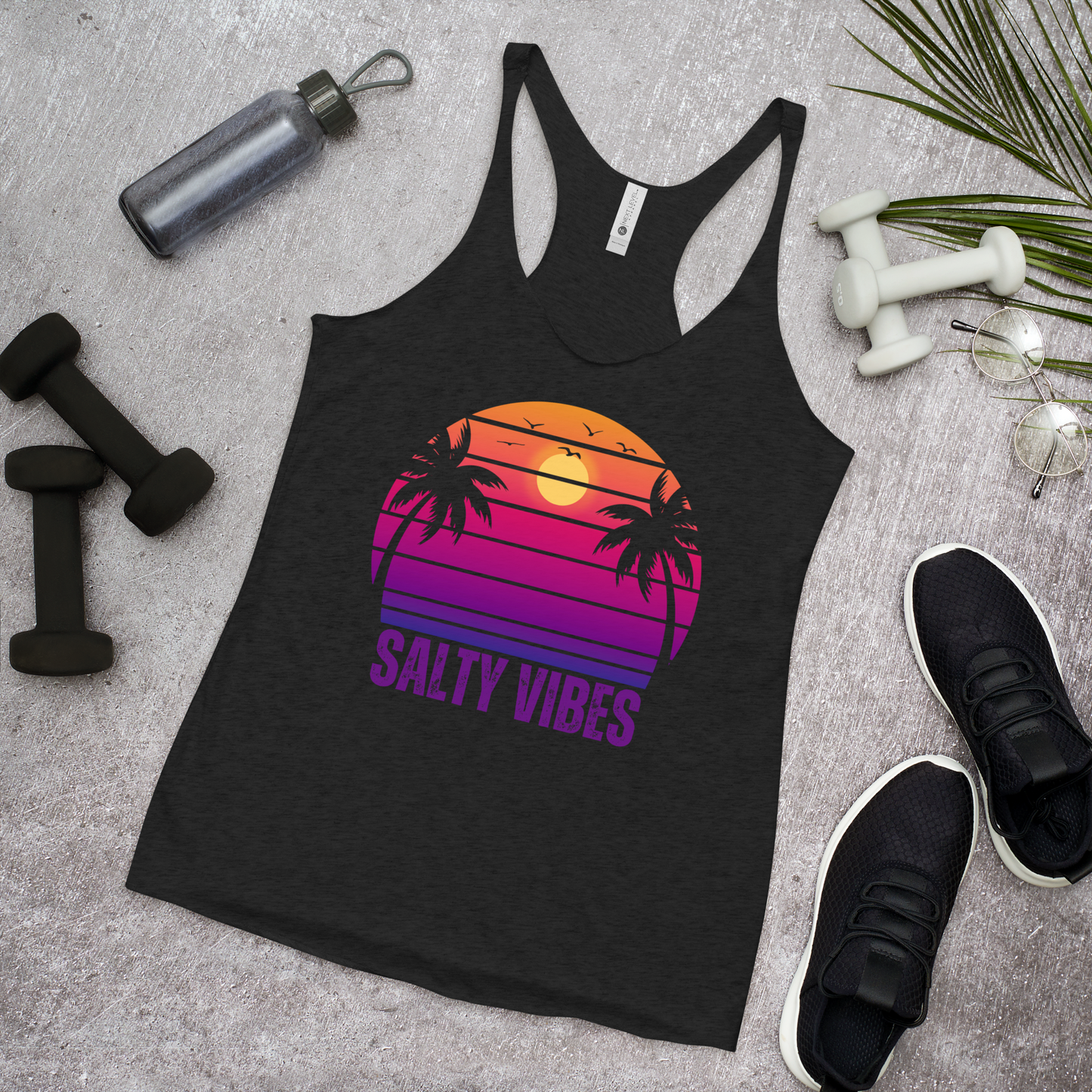 Women's 'SALTY VIBES' Racerback Tank - Elegant Beachwear with a Sunset Palm Design