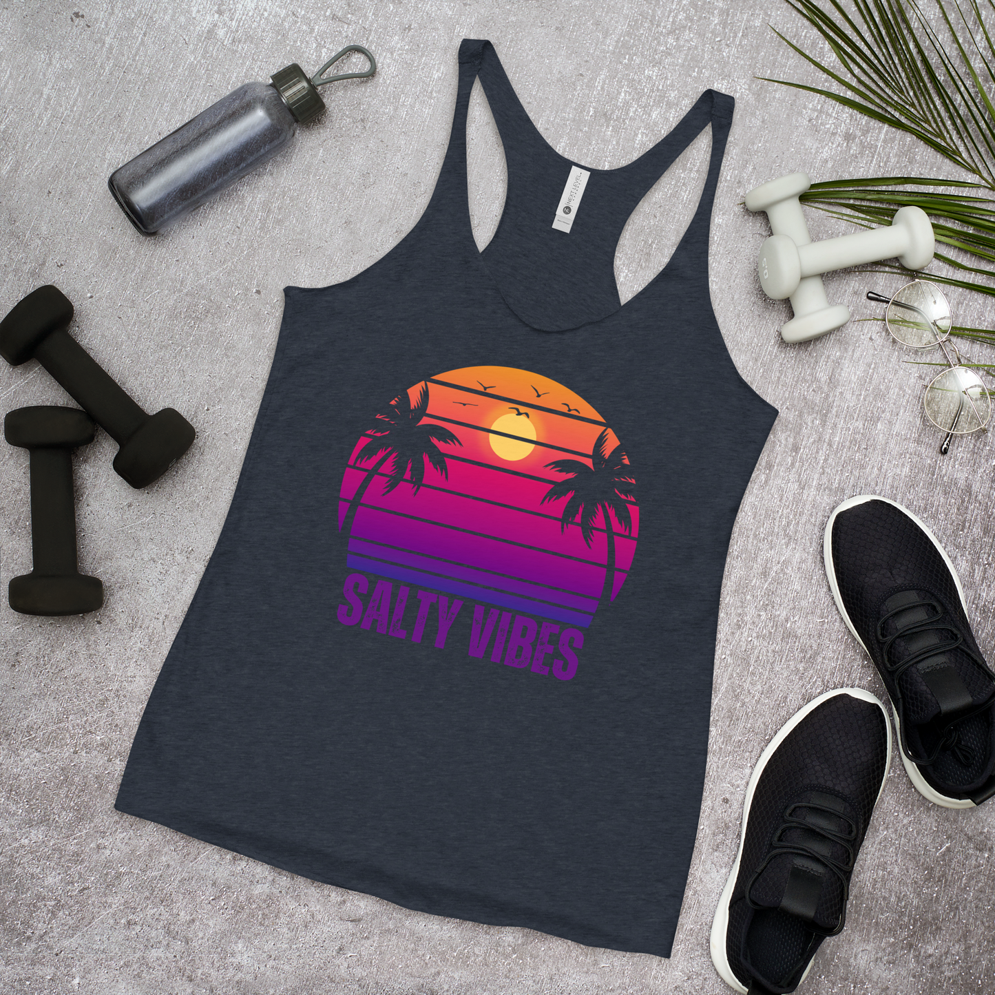 Women's 'SALTY VIBES' Racerback Tank - Elegant Beachwear with a Sunset Palm Design