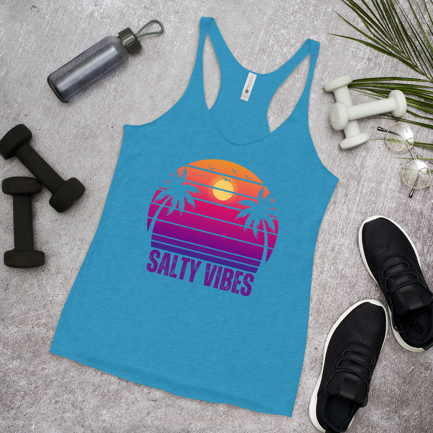Women's 'SALTY VIBES' Racerback Tank - Elegant Beachwear with a Sunset Palm Design